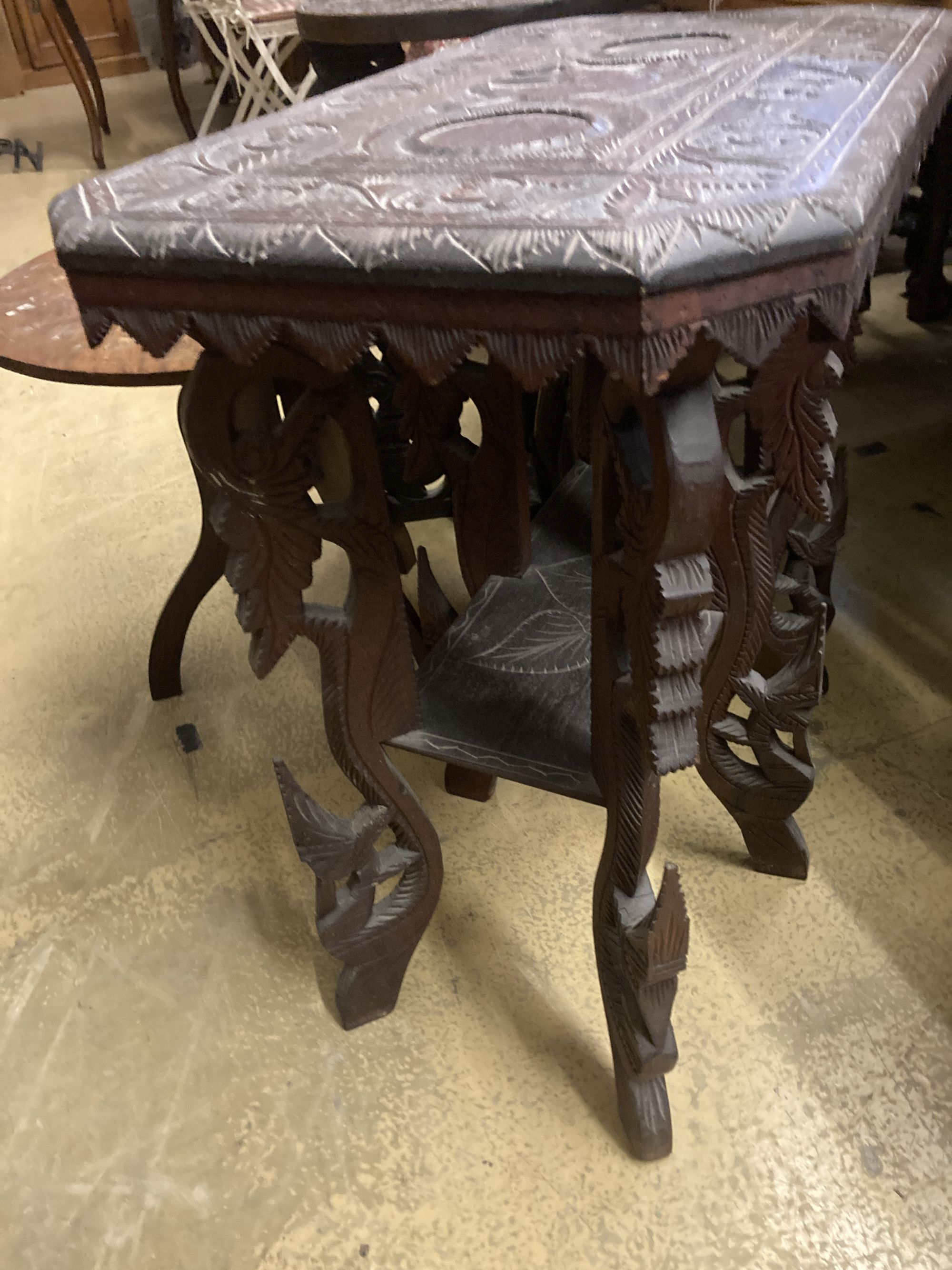 Two Asian carved occasional tables and an Indian table, largest width 66cm, depth 38cm, height 64cm